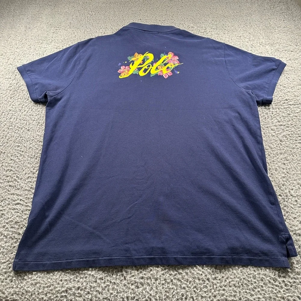 Polo Ralph Lauren Men's Polo Shirt 2XL Navy Cotton‎ Floral Custom Slim Fit